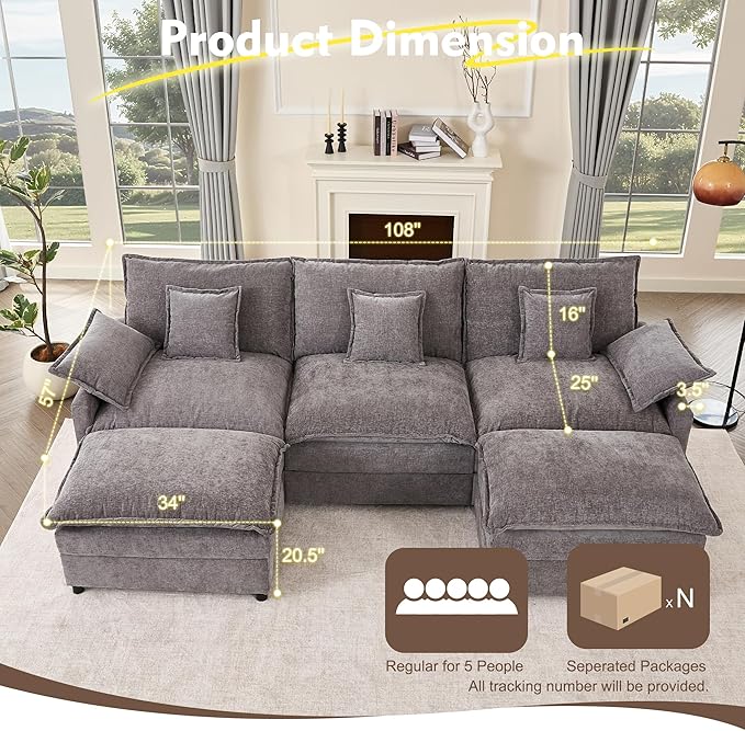 108" U Shaped Couch, Modular Sectional Sofa, 3-Seater Comfy Cloud Couch with Movable Ottoman, Deep Seat Couches for Living Room, Chenille, Slate-HomvellaHome