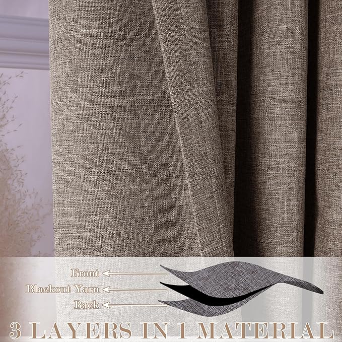 100% Blackout Linen Textured Drapes for Bedroom Pinch Pleated Curtains for Track System Portable Drapery for Sliding Glass Door/Storage/Space Room Divider, 70" Wx84 L, 1 PC, Light Brown-HomvellaHome