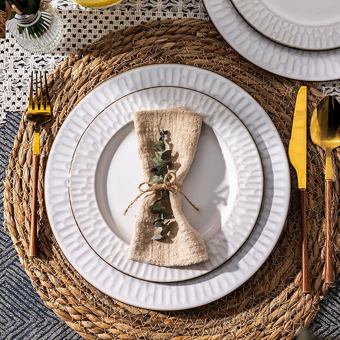 GBHOME Ceramic Dinnerware Sets,12 pcs Embossed Elegant Stoneware Plates and Bowls Sets, Housewarming Wedding Gift | Dishwasher & Microwave Safe | Dishes Set Service for 4-HomvellaHome