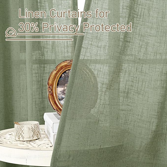 LAMIT Linen Curtians for Living Room 80 Inch Length, Bronze Grommet Light Filtering Semi Sheer Neutral Lightweight Rustic Farmhouse Boho Drapes for Bedroom, 2 Panels, Sage Green, 34 x 80 Inch-HomvellaHome