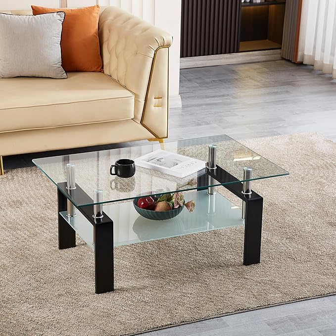 Glass Coffee Table for Living Room, 2 Layer Center Table with Clear Rectangle Tempered Glass Top Black Metal Leg, Mordern Home Office Furniture-HomvellaHome