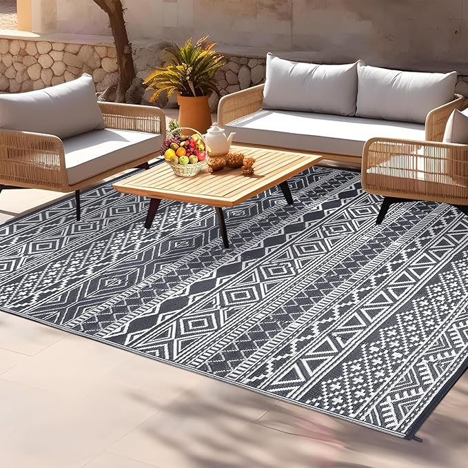GAOMON Outdoor Rug 9'x12' Waterproof Rug for Patio Decor, Foldable Reversible Plastic Straw Area Rugs Mat for Camper, Outside Carpet for Deck, Porch, Picnic, Beach, Grey/White(Bohemia)-HomvellaHome
