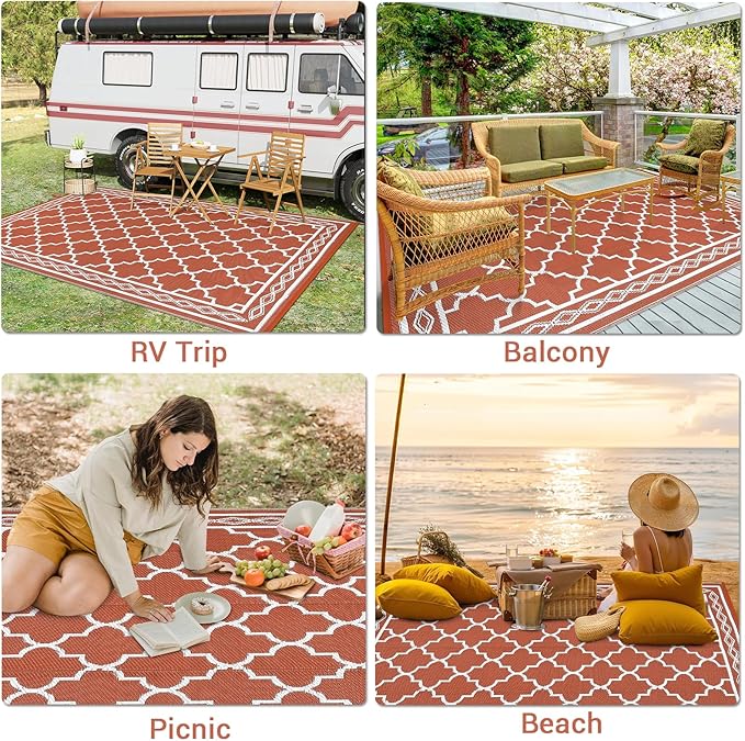 GAOMON Outdoor Plastic Straw Rug, 10'x14' Reversible Sage Green Patio Mat, Flower Modern Design for RV, Backyard, Deck, Camping, Picnic, Orange/White(Geometric)-HomvellaHome