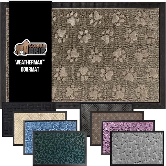 GORILLA GRIP 100% Waterproof All-Season WeatherMax Doormat US Designed Natural Rubber, Stain and Fade Resistant, Low Profile Indoor Outdoor Door Mats, Easy Clean Patio Mat, 17x29, Tan Pawprints-HomvellaHome