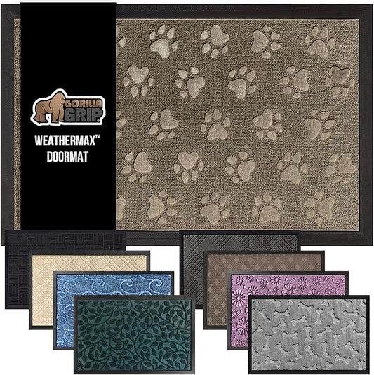 GORILLA GRIP 100% Waterproof All-Season WeatherMax Doormat US Designed Natural Rubber, Stain and Fade Resistant, Low Profile Indoor Outdoor Door Mats, Easy Clean Patio Mat, 17x29, Tan Pawprints-HomvellaHome