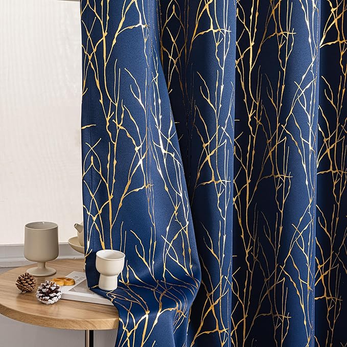 Grommets Blackout Long Window Curtains Navy Blue Gold-52W*84L 2PCS Drapes for Bedroom-HomvellaHome