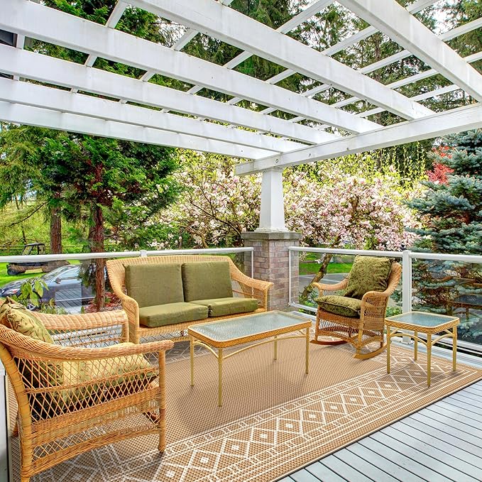 GENIMO Outdoor Rug 5'x8' Waterproof for Patio Decor, Reversible Outdoor Plastic Straw Rug Carpet, Camping Mats for Outdoor, RV, Backyard, Deck, Balcony, Picnic, Brown & Beige-HomvellaHome