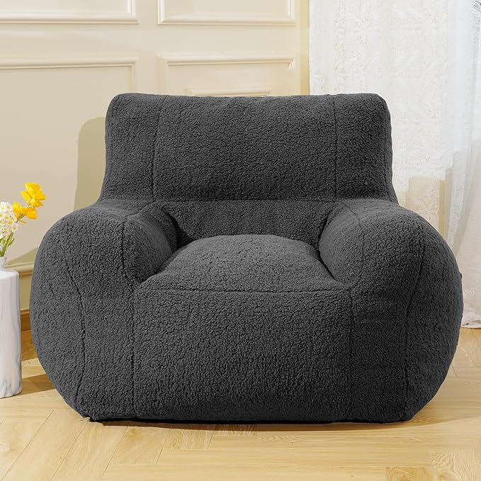 Giant Bean Bag Chair, Lambswool Bean Bag Chair for Adults, Soft Bean Bag High-Density Foam Filled, Grey Comfortable Been Bag for Bedroom, Playroom.-HomvellaHome