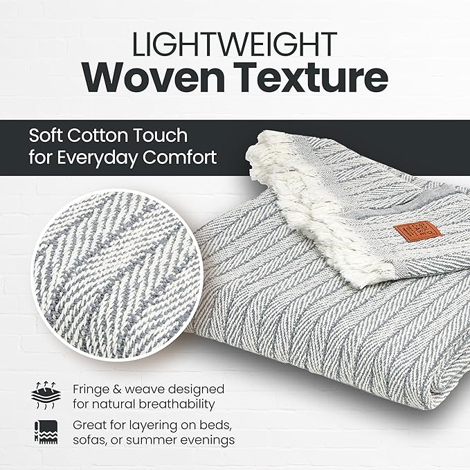 Gold Case Throw Blanket for Couch – 100% Recycled Turkish Cotton Blankets & Throws – Elegant Decorative Throw Blankets for Living Room Sofa – Woven Throws for Couch – Vintage Grey– 60x80-HomvellaHome
