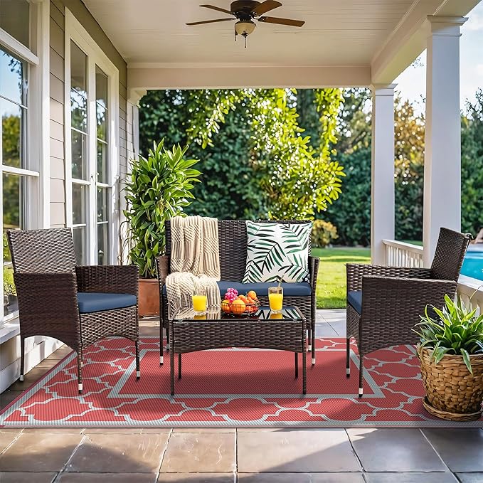 GENIMO 5' x 8' Outdoor Rug Waterproof for Patio Decor, Foldable Reversible Plastic Straw Area Rugs Mat for Camper, Outside Carpet for Rv, Deck, Porch, Picnic, Beach, Balcony, Red & Grey-HomvellaHome