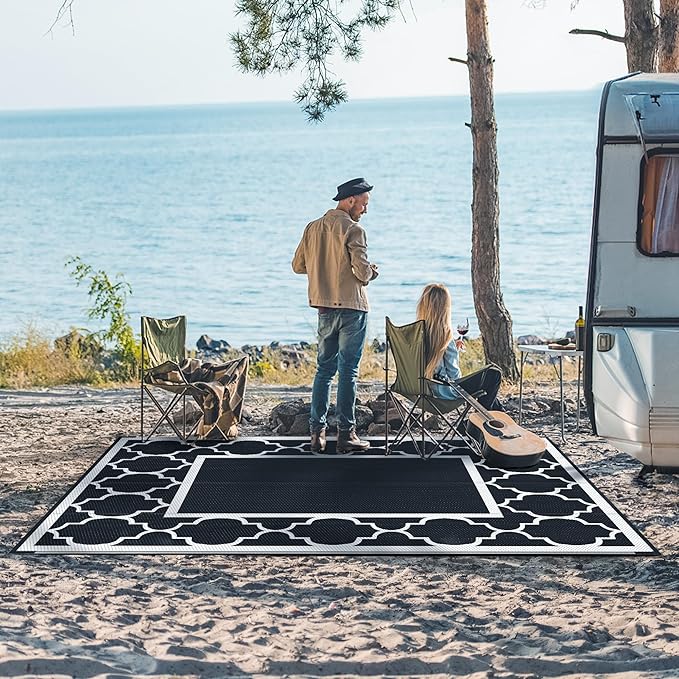 GENIMO 5' x 8' Outdoor Rug Waterproof for Patio Decor, Foldable Reversible Plastic Straw Area Rugs Mat for Camper, Outside Carpet for Rv, Deck, Porch, Picnic, Beach, Balcony, Black & White-HomvellaHome