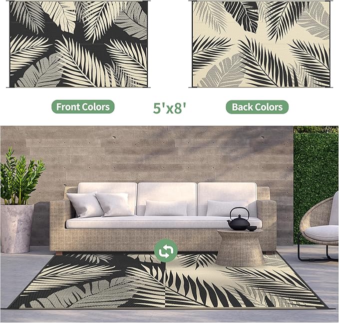 GENIMO Outdoor Rug 5' x 8' Waterproof for Patios Clearance, Reversible Outdoor Plastic Straw Camping Rug Carpet, Large Area Rugs Mats for RV, Picnic, Backyard, Deck, Balcony, Porch, Beach, Black&Beige-HomvellaHome