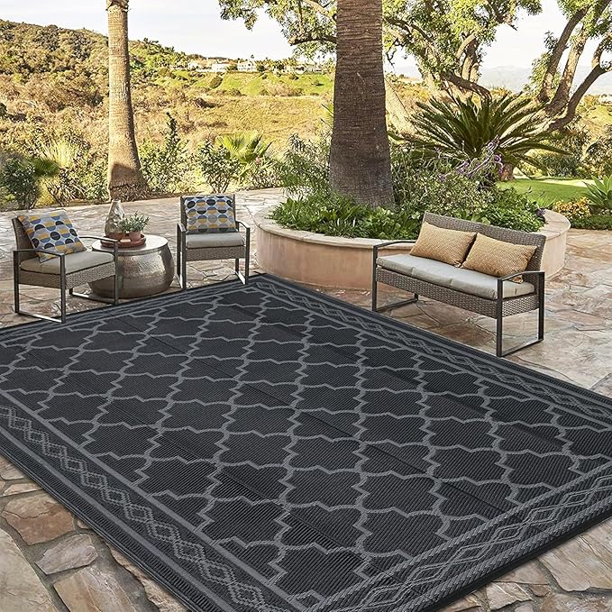 GAOMON Reversible Outdoor Rug 9'x18' Waterproof Plastic Straw Rug, Patio Rug, Large Modern Area Rug Carpet, Indoor Outdoor Rugs for Camping, Porch, Deck, Balcony, Backyard, Black/Grey(Geometric)-HomvellaHome
