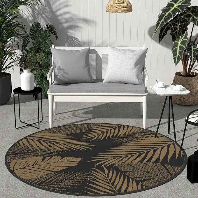 GENIMO Outdoor Rug 8' Round Waterproof for Patios Clearance, Reversible Outdoor Plastic Straw Camping Rug Carpet, Large Area Rugs Mats for RV, Camper, Deck, Balcony, Porch, Beach, Picnic, Black&Brown-HomvellaHome