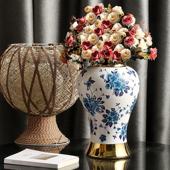 Ginger Jars for Home Decor, White and Gold Vase, Porcelain Ginger Jar Chinoiserie Blue and White Vase with Gold Trim and Floral Pattern, Ceramic Flower Vase for Home, Temple and Storage Jars(12in)-HomvellaHome