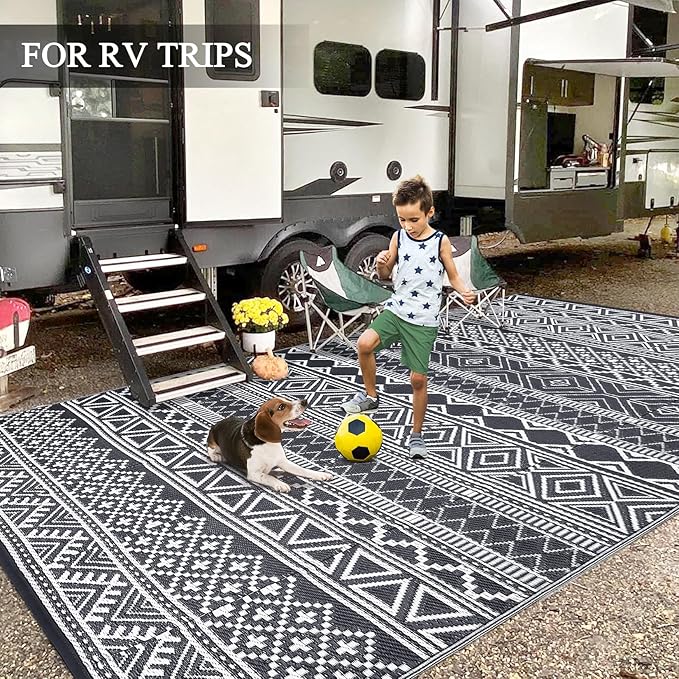 GAOMON Outdoor Rug Waterproof 8'x10', Reversible Outdoor Plastic Straw Rug, Boho Patio Rug, Indoor Outdoor Carpet, RV Mat Outside for Patio, Camp, Picnic, Balcony, Deck, Grey/White(Bohemia)-HomvellaHome