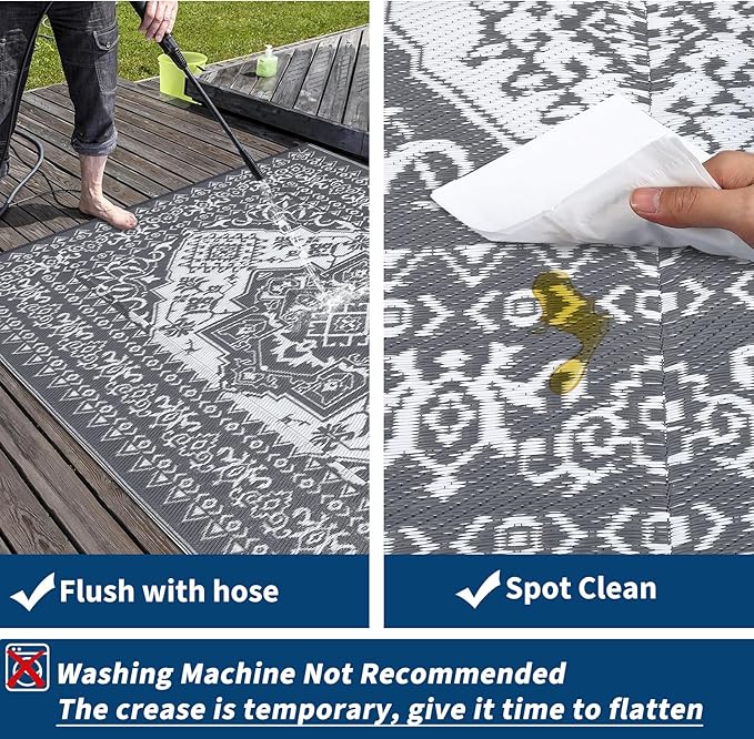 GAOMON Outdoor Patio Rug 9x12 Waterproof Reversible Plastic Straw Rug, Large UV-Resistant Portable RV Camping Mats, Indoor Outdoor Rugs for Outside Deck Porch Garden RV, Gray & White-HomvellaHome