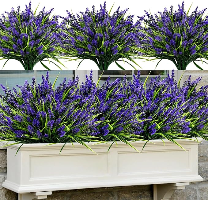 Geegoods 48 Bundles Artificial Plants Flowers Outdoor – Faux Lavender Flowers with Monkey Grass UV Resistant Plastic Faux Plants for Garden Porch Window Patio Hanging Planter Home Decor-HomvellaHome