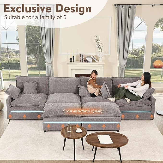 142.5" U Shaped Couch, Modular Sectional Sofa, 3-Seater Comfy Cloud Couch with Movable Ottoman, Deep Seat Couches for Living Room, Chenille, Slate-HomvellaHome