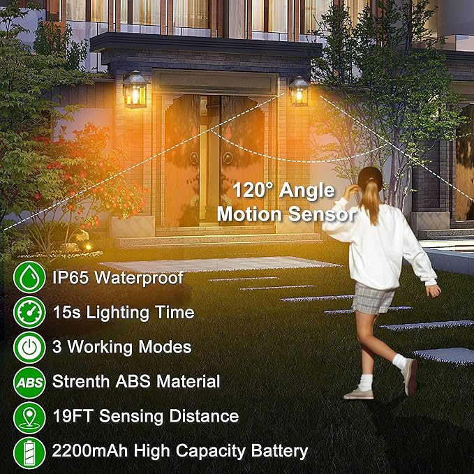 2 Pack Solar Wall Lanterns Outdoor with 3 Modes, Dusk to Dawn Motion Sensor LED Sconce Lights IP65 Waterproof, Exterior Front Porch Security Lamps Wall Mount Patio Fence Garage Decorative-HomvellaHome