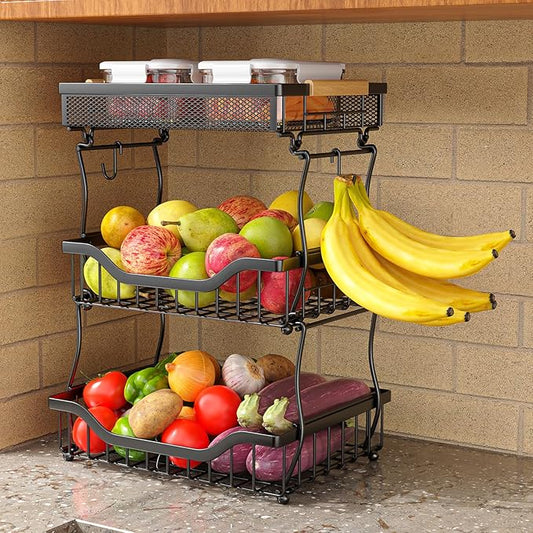 Giwil 3 Tier Countertop Fruit Mesh Basket for Kitchen, Vegetable Storage Bread Fruit Bowl Stand with 2 Banana Hooks, Wall Mounted Metal Wire Basket Organizer for Potato Onion, Black-HomvellaHome