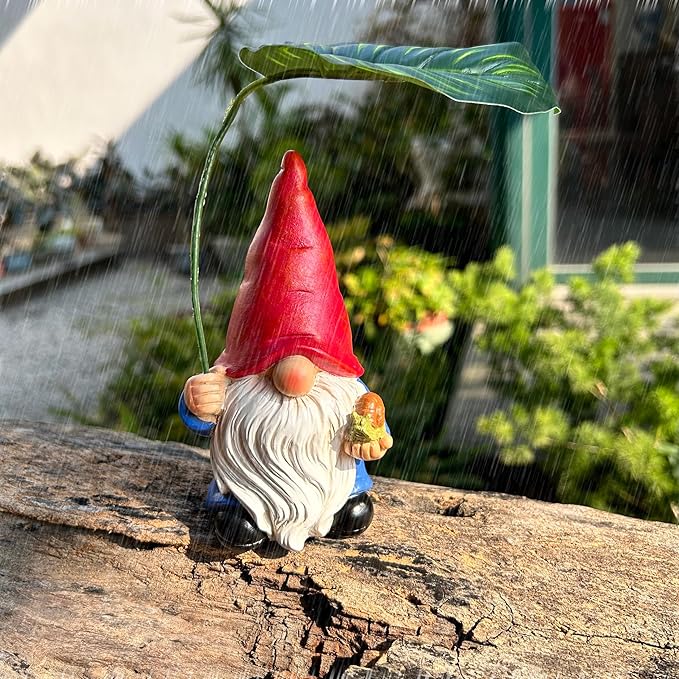 Garden Gnome Statue Decoration with Leaf Umbrella, 6.5” Figurine Ornament for Indoor Outdoor Home Patio Yard Lawn, for Gnome Lovers & Garden Enthusiasts，Mom，Women-HomvellaHome