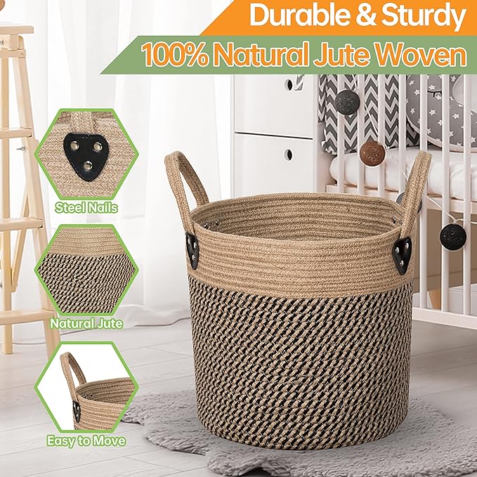 14"x12" Natural Jute Rope Woven Storage Basket with Handles for Plant, Blankets,Toys,Clothes,Shoes - Living Room Home Decor,Multifunctional Basket for Organizer,Picnic,Artificial Tree-HomvellaHome