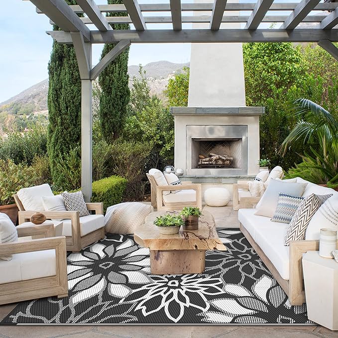 GENIMO Outdoor Rug Waterproof for Patio Decor, 8' x 10' Reversible Plastic Straw Floral Camping Carpet, Large Area Rugs Mats for RV, Camper, Deck, Balcony, Porch, Beach, Picnic, Black & White-HomvellaHome