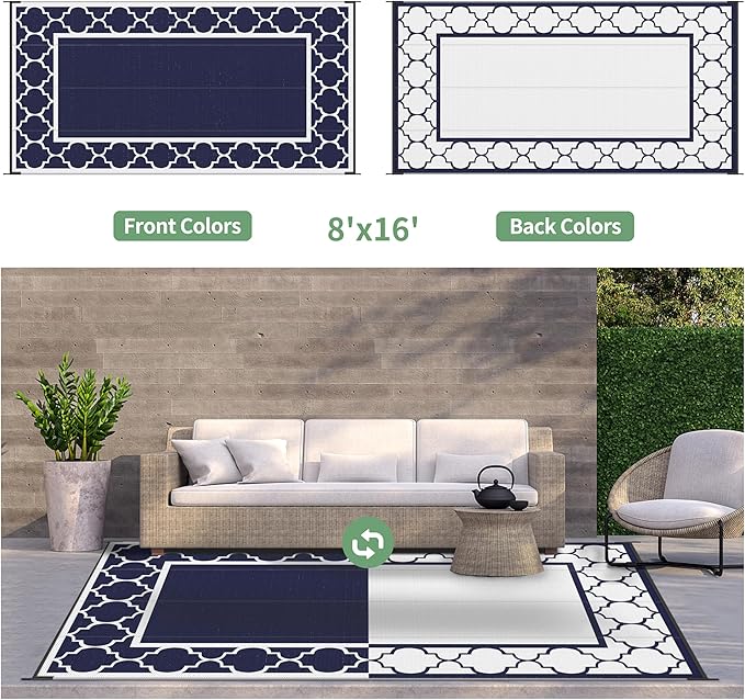 GENIMO 8' x 16' Outdoor Rug Waterproof for Patio, Foldable Reversible Plastic Straw Area Rugs Mat for Rv Decor, Outside Carpet for Camper, Deck, Picnic, Beach, Balcony, Porch, Blue & White-HomvellaHome