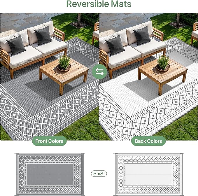 GENIMO Outdoor Rug Waterproof for Patio Decor, 5'x8' Reversible Plastic Straw Area Carpet, Camping Outside Mat for Outdoor, RV, Deck, Camper, Balcony,Picnic Grey & White-HomvellaHome