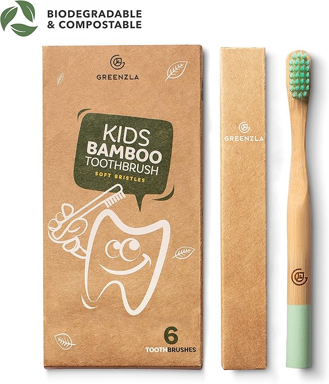 GREENZLA Kids Bamboo Toothbrushes, Natural Toothbrush Set, Soft Bristles, Durable Charcoal Wooden Brushes, Compostable Design for Toddlers and Children, 6 Pack-HomvellaHome