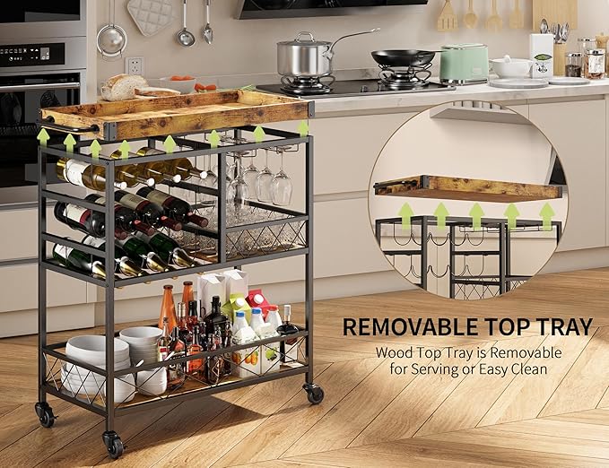 Gizoon Bar Cart, 3 Tier Coffee Cart with Lockable Wheels, 12-Bottle Wine Rack, and Hanging Glass Holder, Kitchen Rack with Removable Tray, for Kitchen, Dining Room, Entertaining, Club Party,Retro-HomvellaHome
