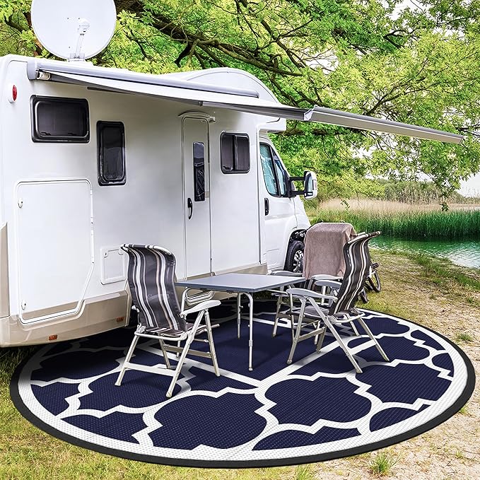 GENIMO 10 ' Round Outdoor Rug for Patio, Waterproof Indoor Outdoor Plastic Straw Rugs Carpet, Reversible Outside Area Mat for Camping, Balcony Porch, Deck, Picnic, Blue White-HomvellaHome