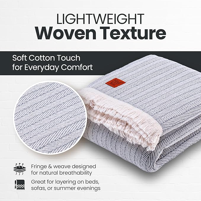 Gold Case Throw Blanket for Bed – 100% Recycled Turkish Cotton Bed Blanket – Decorative Throw Cotton Blankets for Living Room & Bedroom – Woven Twin Blankets - 71x90 - Grey-HomvellaHome