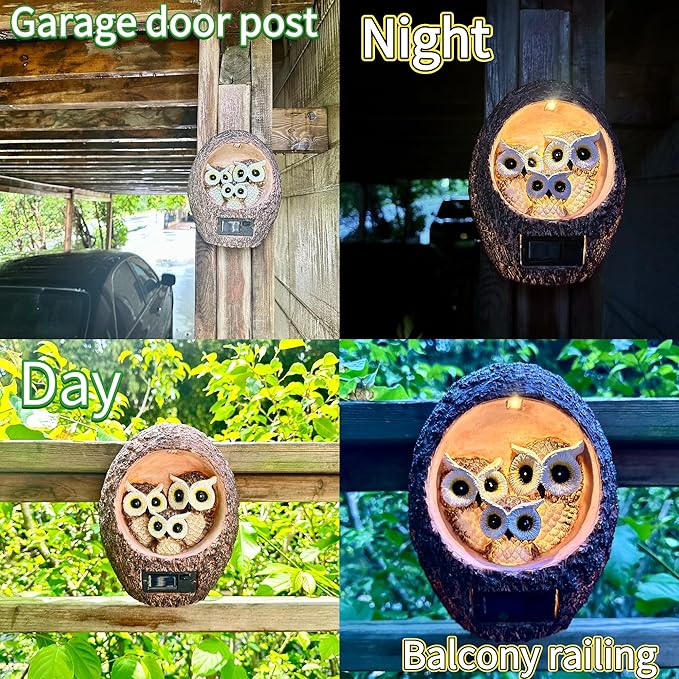 Garden Owl Family Tree Hugger Statue Solar Powered Outdoor Wall Mounted Figurine Light Resin Sculpture Home Decoration Housewarming Ornament Unique Gift-HomvellaHome