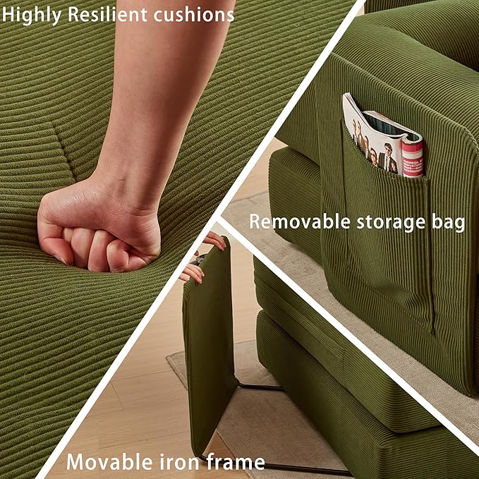 107" Oversized Convertible Sleeper Sofa Bed, Corduroy L Shape Sectional Couch, Folding Sofa Bed with Side Pocket, Modern Cloud Floor Mattress Couch, Modular Sofa for Living Room, Green-HomvellaHome
