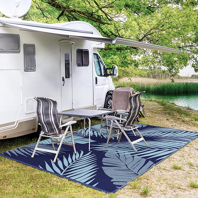GENIMO Outdoor Rug 9' x 12' Waterproof for Patios Clearance, Reversible Outdoor Plastic Straw Camping Rug Carpet, Large Area Rugs Mats for RV, Camper, Deck, Balcony, Porch, Beach, Navy Blue&Baby Blue-HomvellaHome