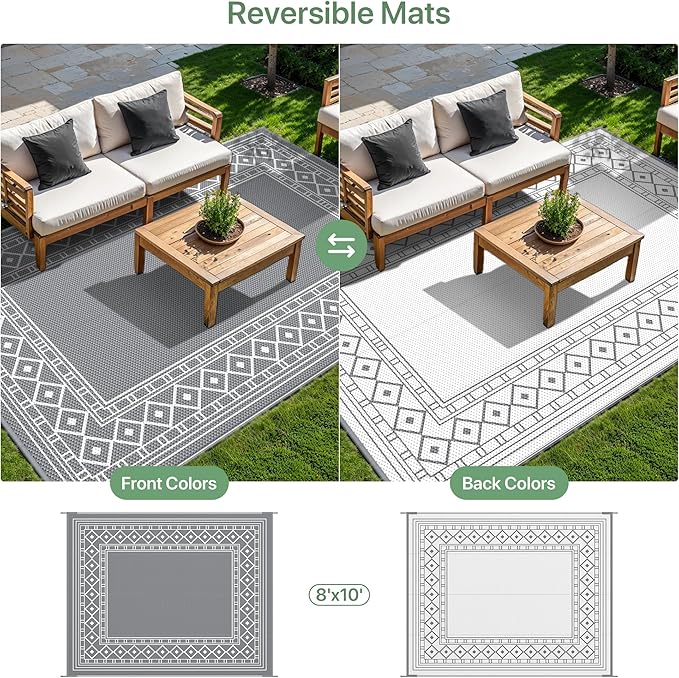 GENIMO Outdoor Rug Waterproof for Patio Decor, 8'x10' Reversible Outdoor Plastic Straw Rug Carpet, Camping Mats for Outdoor Decor, RV, Backyard, Deck, Balcony, Picnic, Grey & White-HomvellaHome
