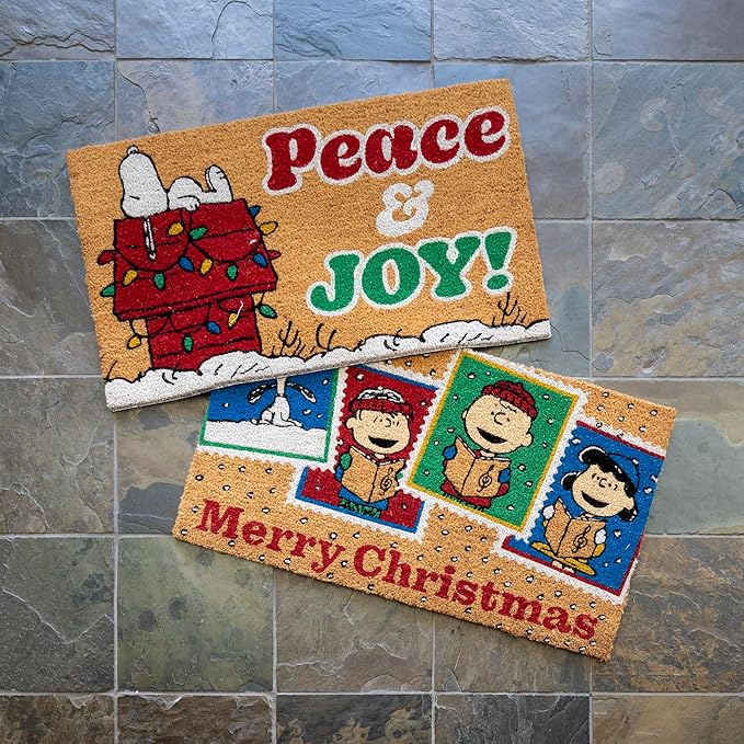 Gertmenian Peanuts Snoopy Coir Doormat - 2x3 Welcome Mat (2-Pack), Ideal for High Traffic Areas in Front Door, Garage, Entryway - Peace & Joy, 80023-HomvellaHome