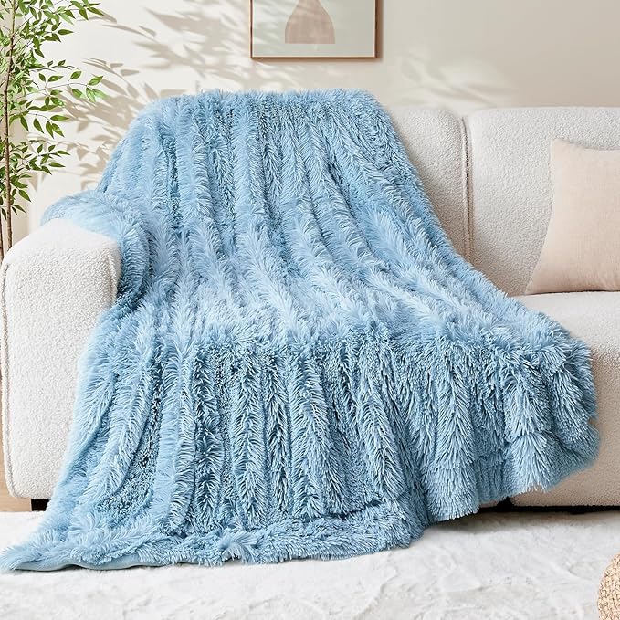 GONAAP Fuzzy Faux Fur Throw Blanket Twin Size Light Blue Super Soft Cozy Plush Fuzzy Shaggy Blanket for Couch Sofa Bed (Light Blue, Twin(60"x80"))-HomvellaHome