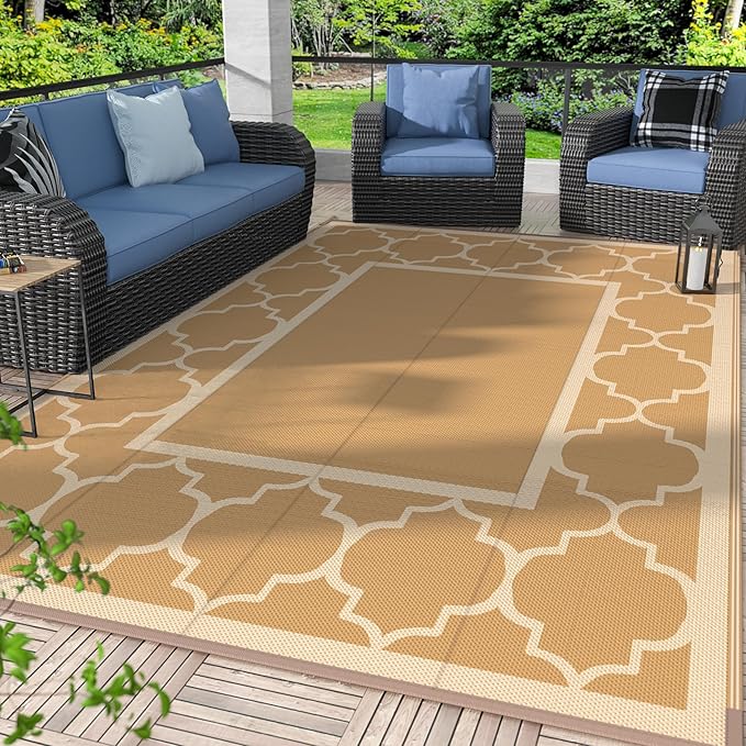 GENIMO 9' x 12' Outdoor Rug for Patio Clearance, Waterproof Indoor Outdoor Plastic Straw Rugs Carpet, Reversible Outside Area Rv Mat for Camping, Balcony Porch, Deck, Picnic, Beach (Brown & Beige)-HomvellaHome