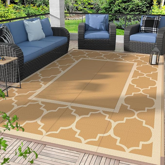 GENIMO 9' x 12' Outdoor Rug for Patio Clearance, Waterproof Indoor Outdoor Plastic Straw Rugs Carpet, Reversible Outside Area Rv Mat for Camping, Balcony Porch, Deck, Picnic, Beach (Brown & Beige)-HomvellaHome