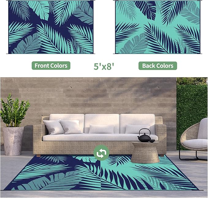 GENIMO Outdoor Rug 5' x 8' Waterproof for Patios Clearance, Reversible Outdoor Plastic Straw Camping Rug Carpet, Large Area Rugs Mats for RV, Camper, Deck, Balcony, Porch, Beach, Navy Blue&Jade Green-HomvellaHome
