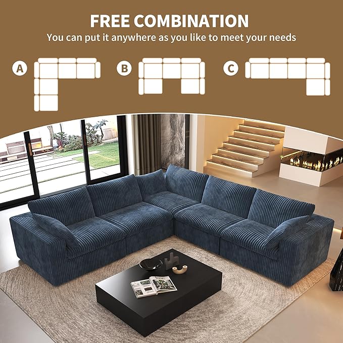 118" V Shaped Corner Modern Sofa Modular Sectional Cloud Couch,Deep Seat Upholstered Couches with Plush Corduroy Fabric for Living Room Furniture,Bedroom and Apartment,No Assembly Required,Blue-HomvellaHome