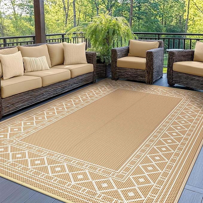 GENIMO Outdoor Rug Waterproof 6'x9' for Patio, Foldable Reversible Plastic Straw Carpet for Travel Trailers, Outside Area Mat for Rv, Deck, Picnic, Porch, Camper, Balcony, Beach, Brown & Beige-HomvellaHome
