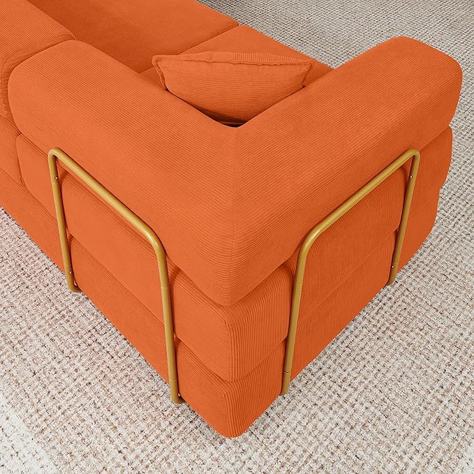 108" Oversized Convertible Sleeper Sofa Bed, Corduroy L Shape Sectional Couch, Folding Sofa Bed with Side Pocket, Modern Cloud Floor Mattress Couch, Modular Sofa for Living Room, Orange-HomvellaHome