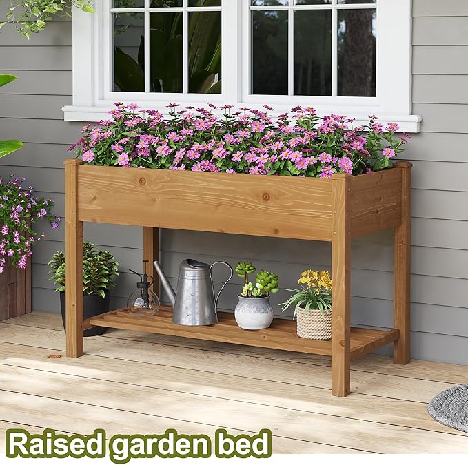 GHWIE Raised Garden Bed with Shelf,Elevated Wooden Planter Box with Legs,Garden Planter for Backyard, Patio, Balcony-HomvellaHome