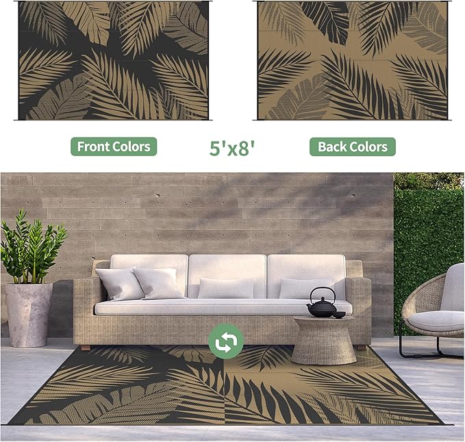 GENIMO Outdoor Rug 5' x 8' Waterproof for Patios Clearance, Reversible Outdoor Plastic Straw Camping Rug Carpet, Large Area Rugs Mats for RV, Picnic, Backyard, Deck, Balcony, Porch, Beach, Black&Brown-HomvellaHome