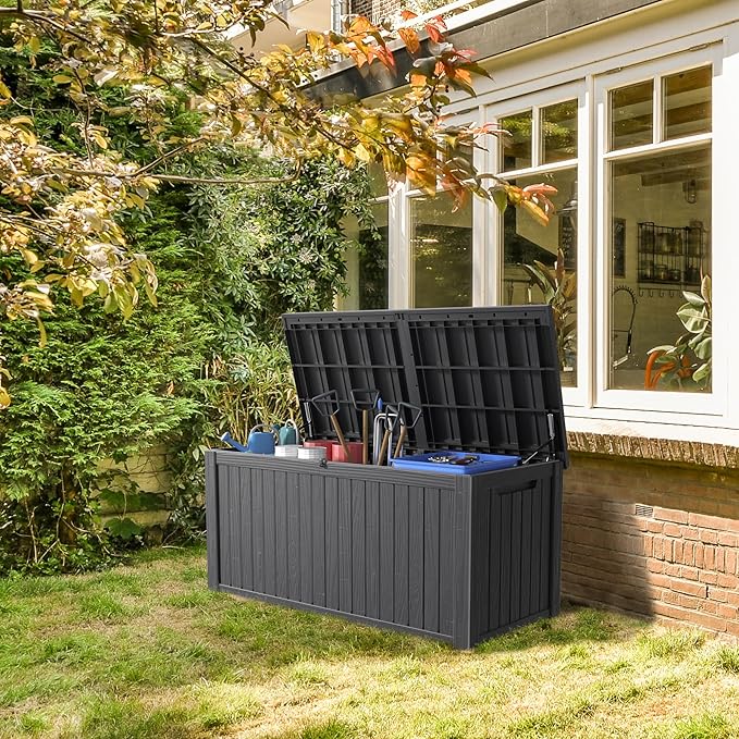 180 Gallon Deck Box Large Outdoor Storage for Patio Furniture,Outdoor Cushions,Garden Tools and Pool Supplies,Waterproof,Resin,Lockable(Black)-HomvellaHome