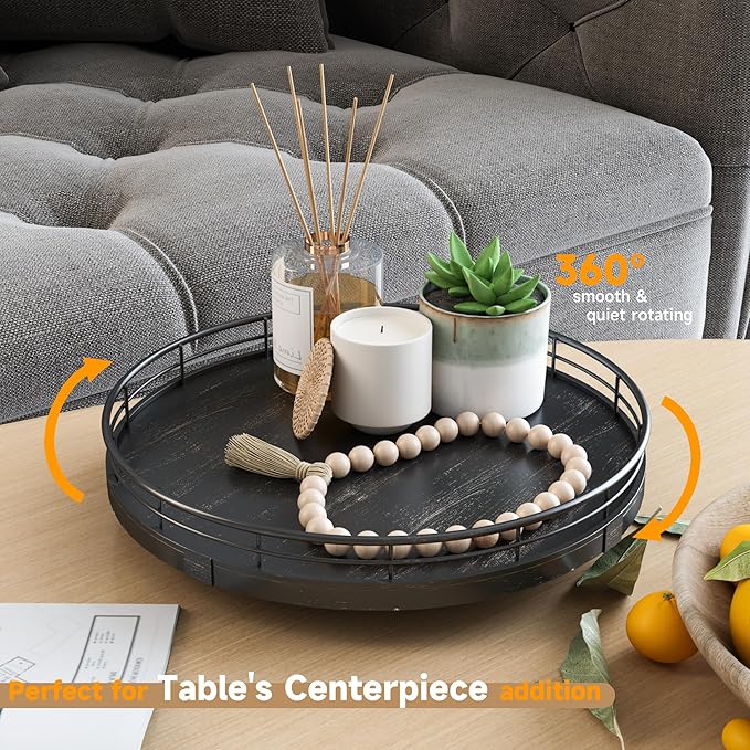 10" Oak Bathroom Vanity Tray Turntable for Perfume Candle, Round Wooden Decorative Tray for Kitchen Sink Countertop Organizer, Bathroom Counter Organizer for Skincare Makeup, Farmhouse Black Gold-HomvellaHome